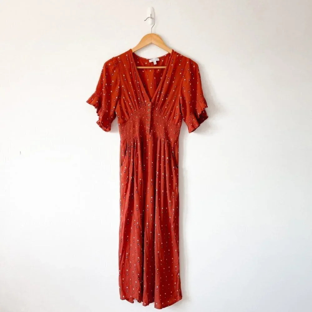 Patrons Of Peace Red Floral Rayon V Neck Short Ruffle Sleeve Jumpsuit Sz  S